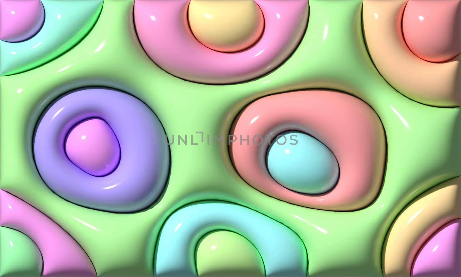 A vibrant, abstract background featuring glossy, rounded shapes in pastel colors embedded within a light green base, creating a playful and sweet design, 3D rendering illustration