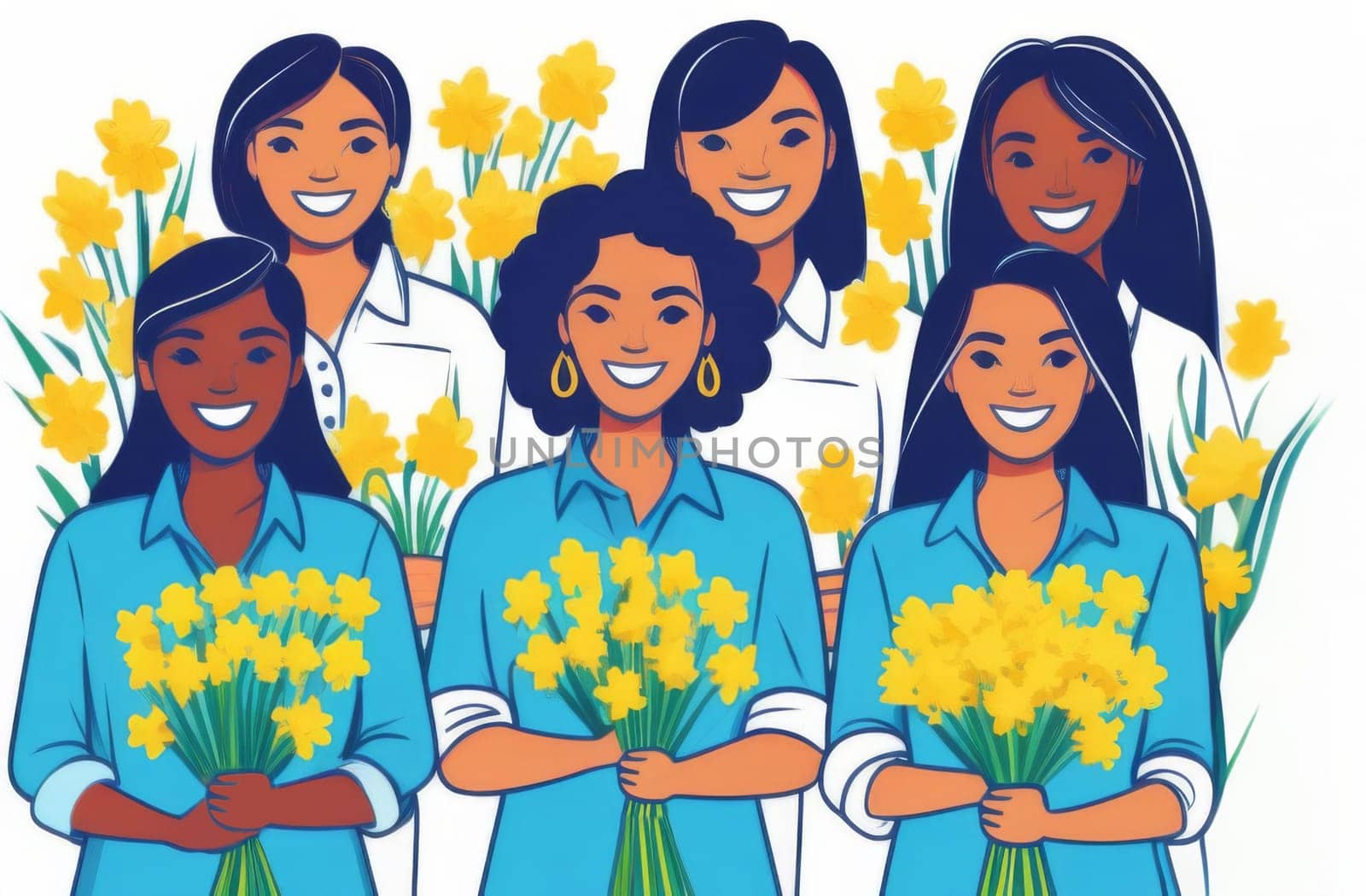 Women of different nationalities hold daffodils in their hands