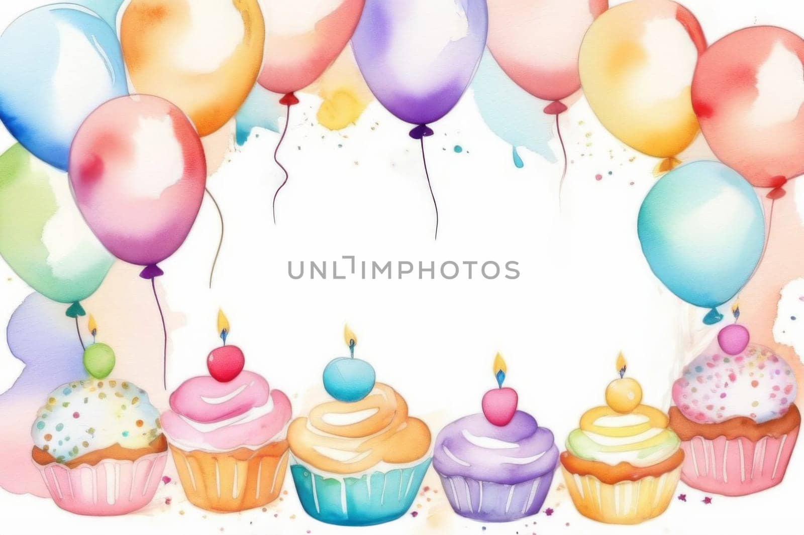 Birthday invitation with balloons and muffins with space for text in the middle