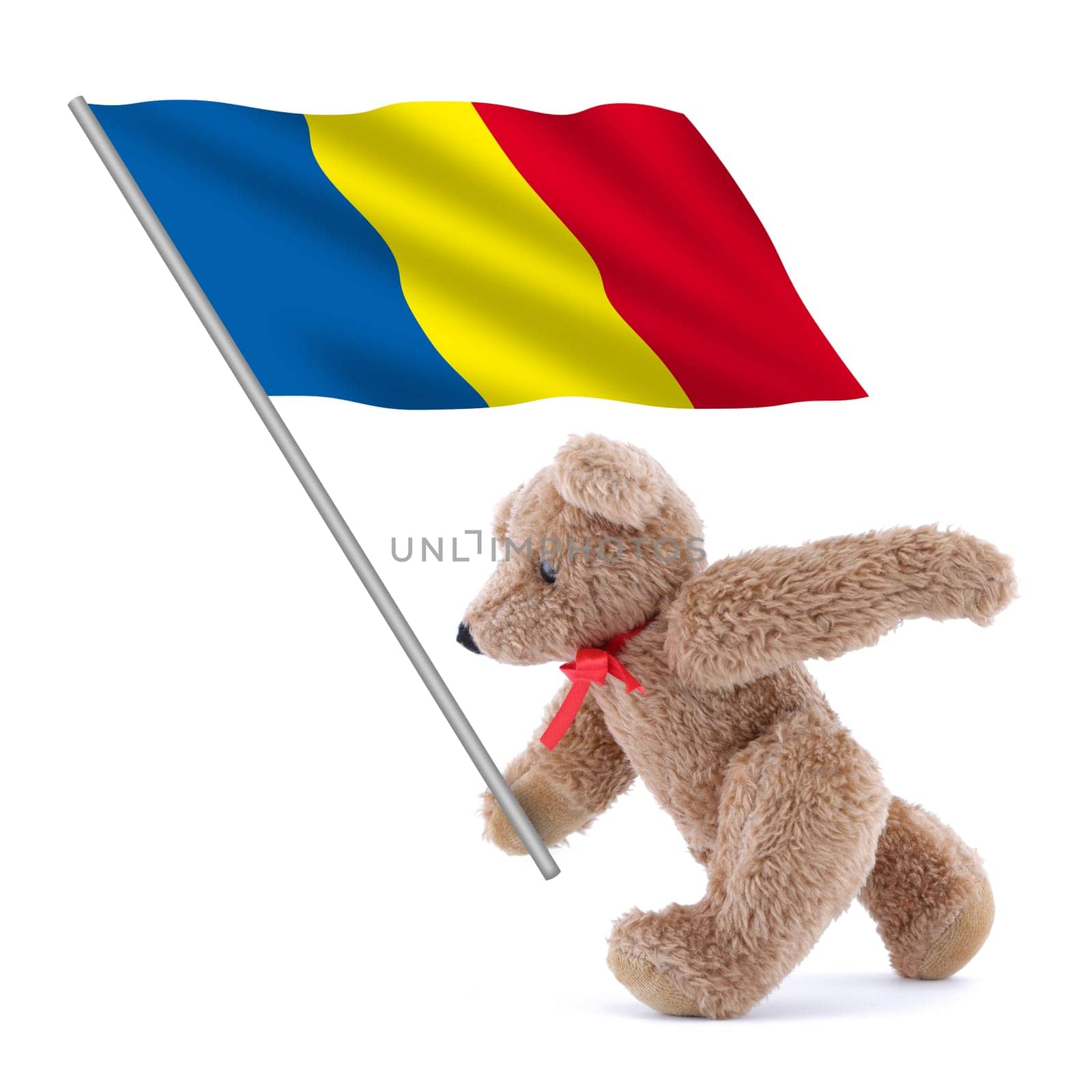 A Romania flag being carried by a cute teddy bear blue yellow red