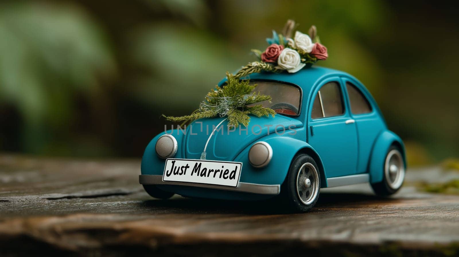 A charming vintage blue car with decorative flowers on the roof sits on a wooden surface. The car displays a sign that reads Just Married, symbolizing a joyful celebration of love.