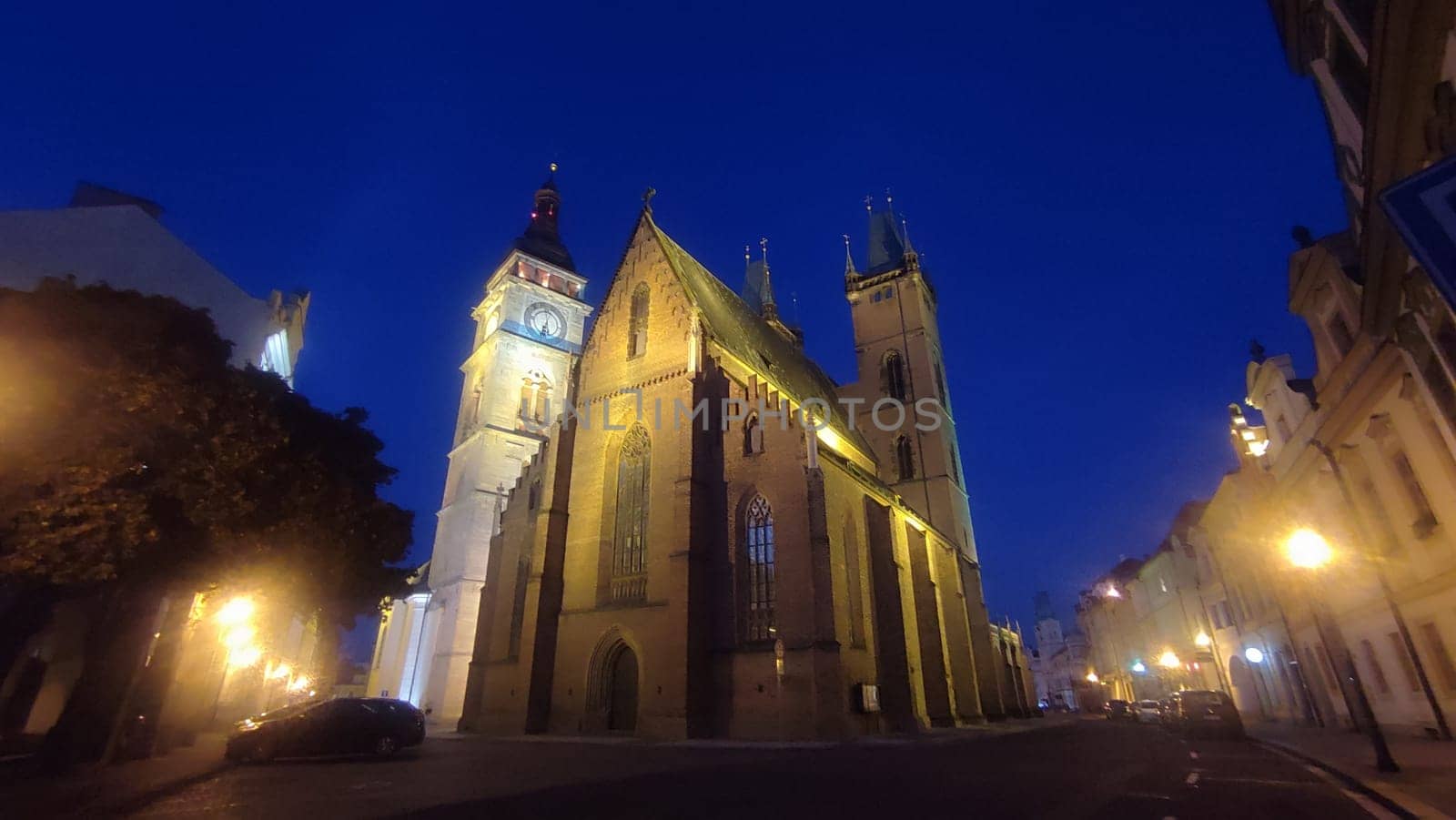 October 22 2024 Hradec Kralove Czech Republic Europe Kralov region, Kralovehradecky kraj. Church night lights. High quality photo