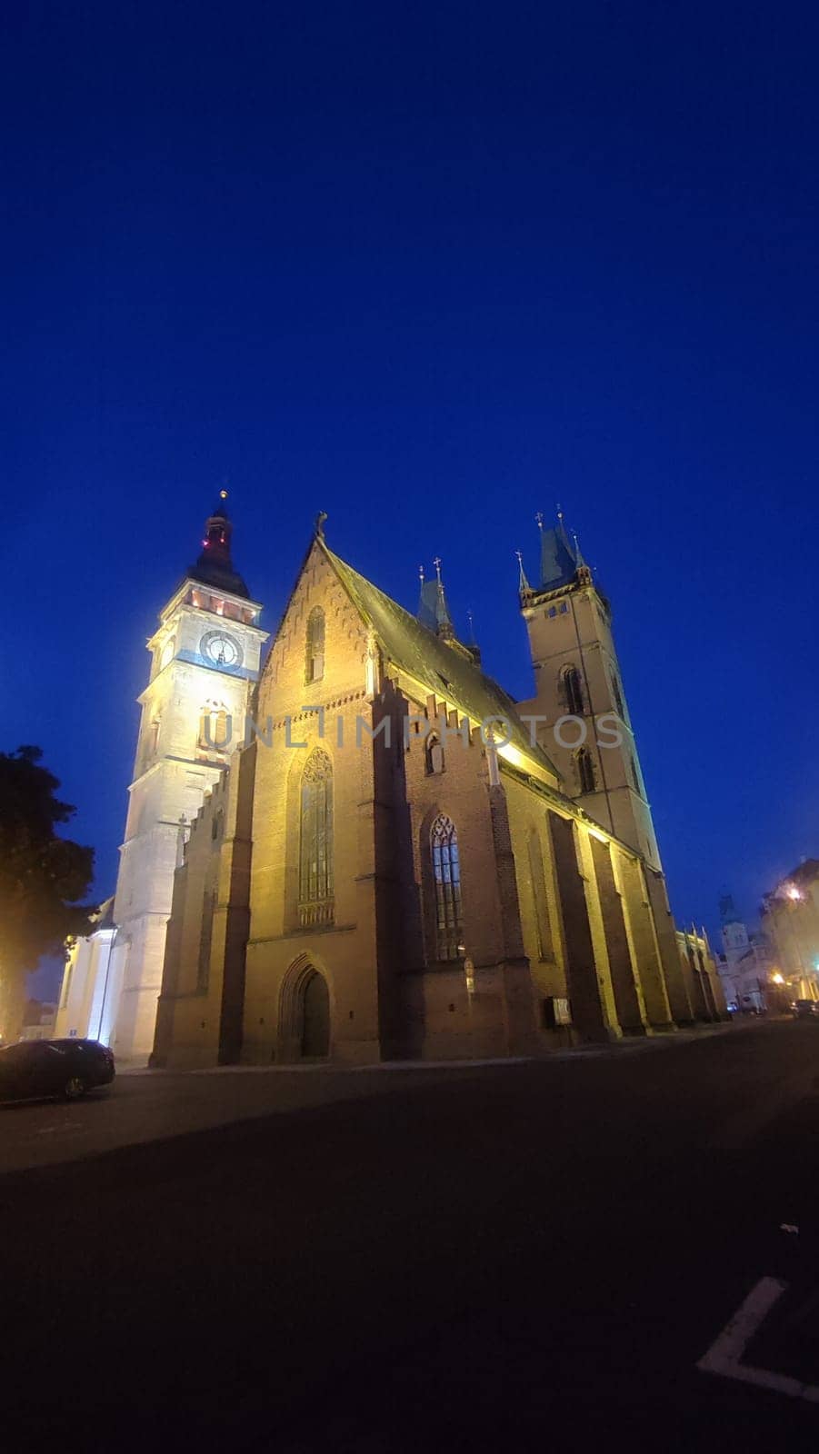 October 22 2024 Hradec Kralove Czech Republic Europe Kralov region, Kralovehradecky kraj. Illuminated cathedral night. High quality photo