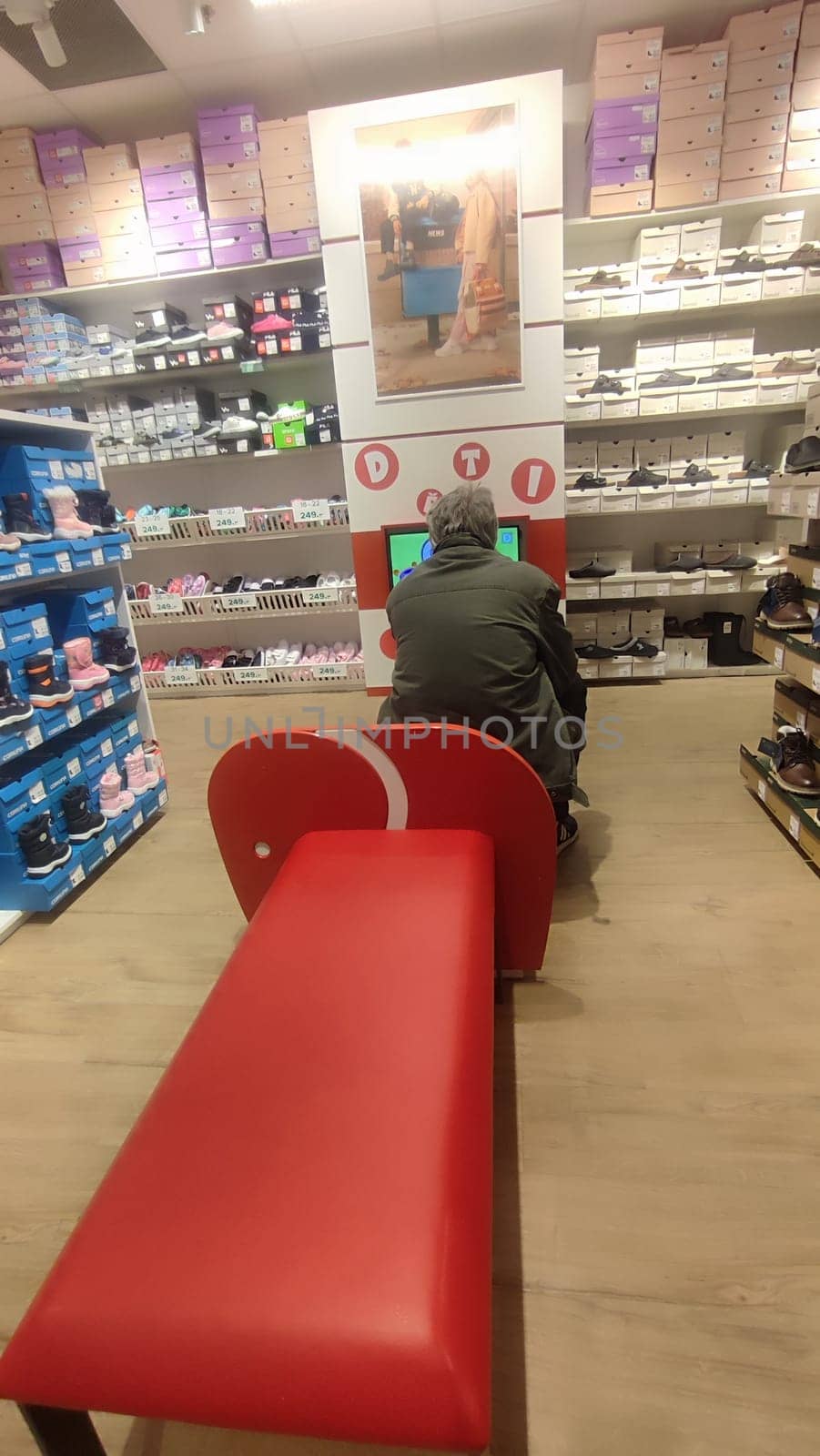 October 22 2024 Hradec Kralove, Czech Republic Europe, Kralov region, Kralovehradecky kraj, Shoe store seating. High quality photo editorial shotlisttravel travel tourism business company commercial objects