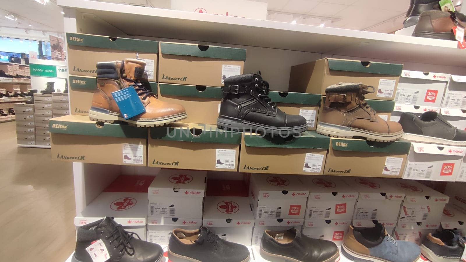October 22 2024 Hradec Kralove, Czech Republic Europe, Kralov region, Kralovehradecky kraj, Boots shoe store objects editorial industry industrial company commercial business . High quality photo
