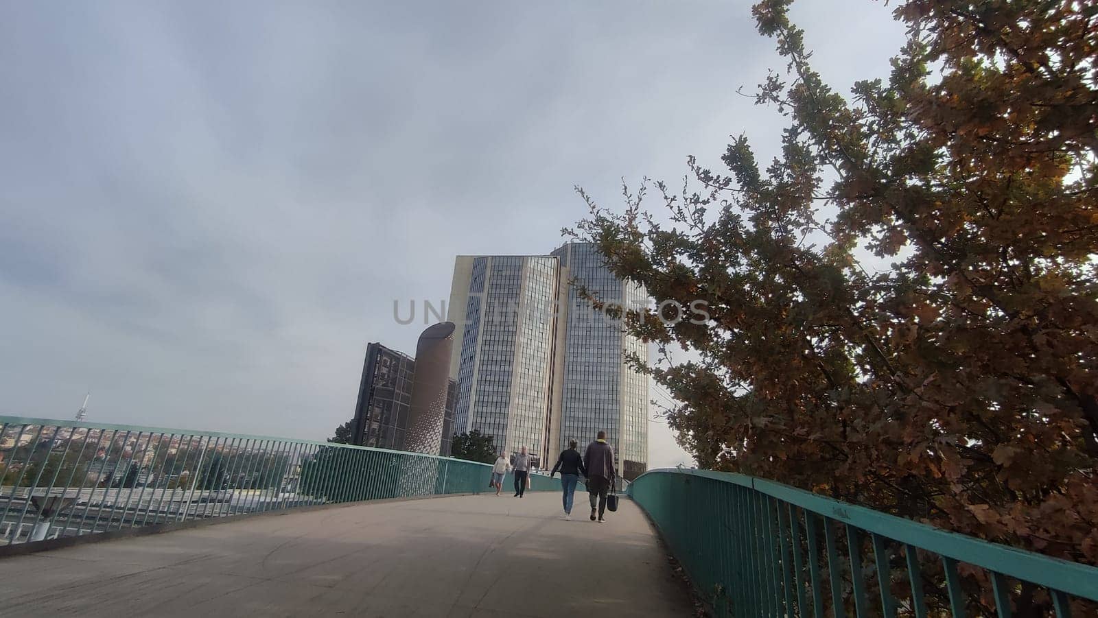 October 23 2024, Prague Czech Republic Europe, Grand Hotel, modern high-rise building, architecture city, view from the street, bridge. High quality photo Bridge tall building