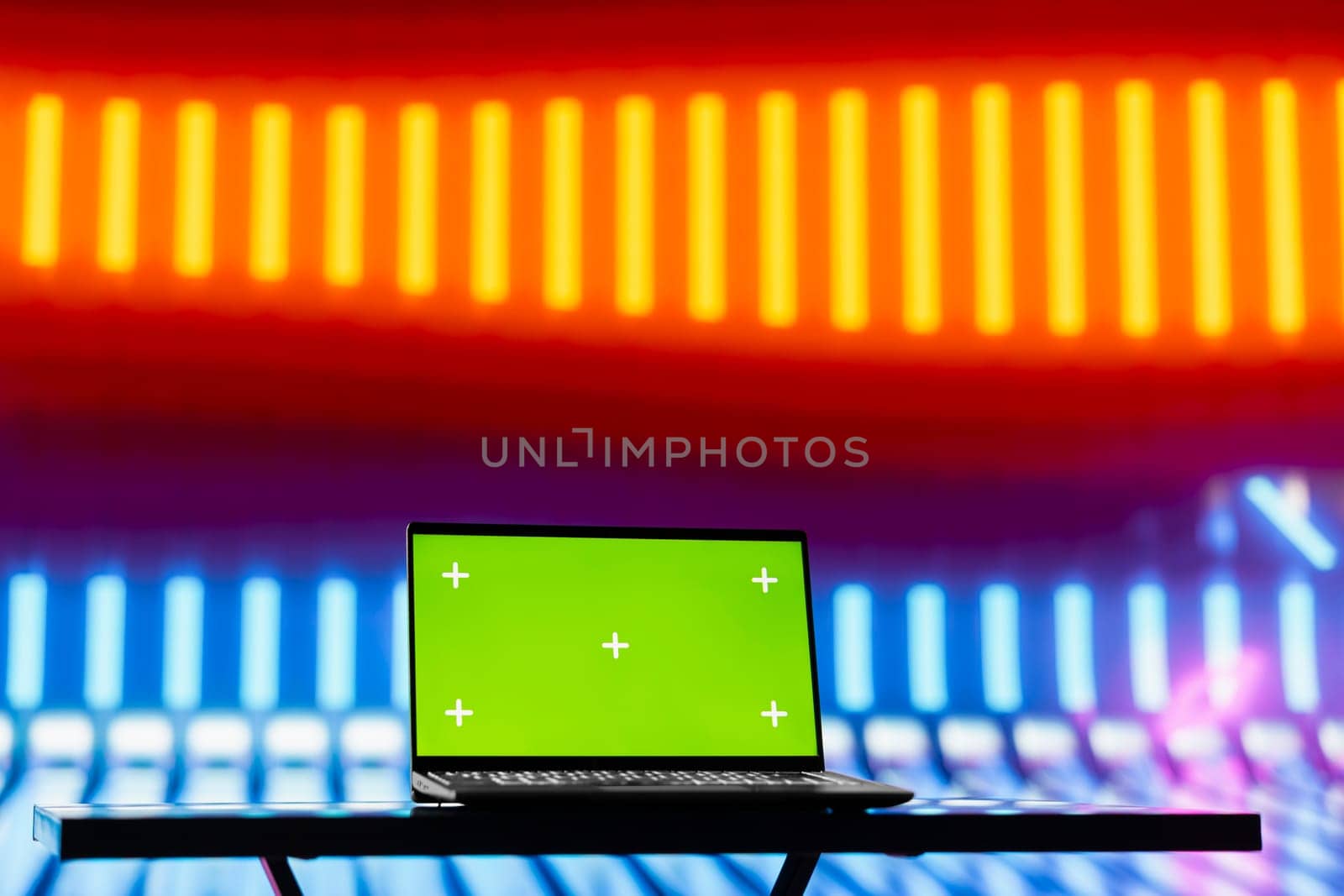 Empty neon scene blending cyber vibes with retro futuristic glow near copy space, making it ideal for creative mockup concepts or urban street style digital backgrounds. Minimalism.