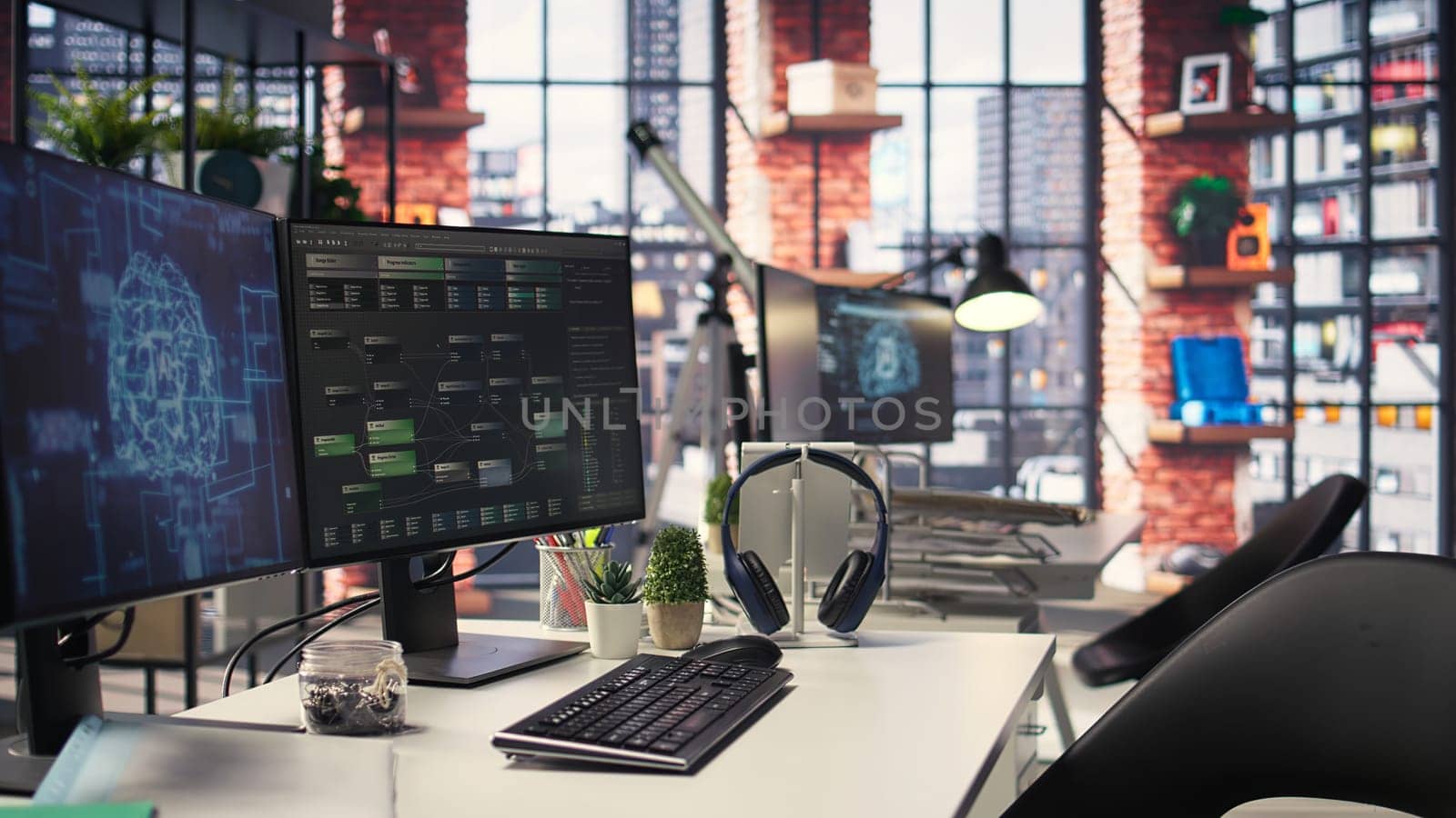 Empty office desk with computer screen showing terminal windows and network neurons. AI powered system uses cognitive computing and pattern recognition for futuristic software solutions.