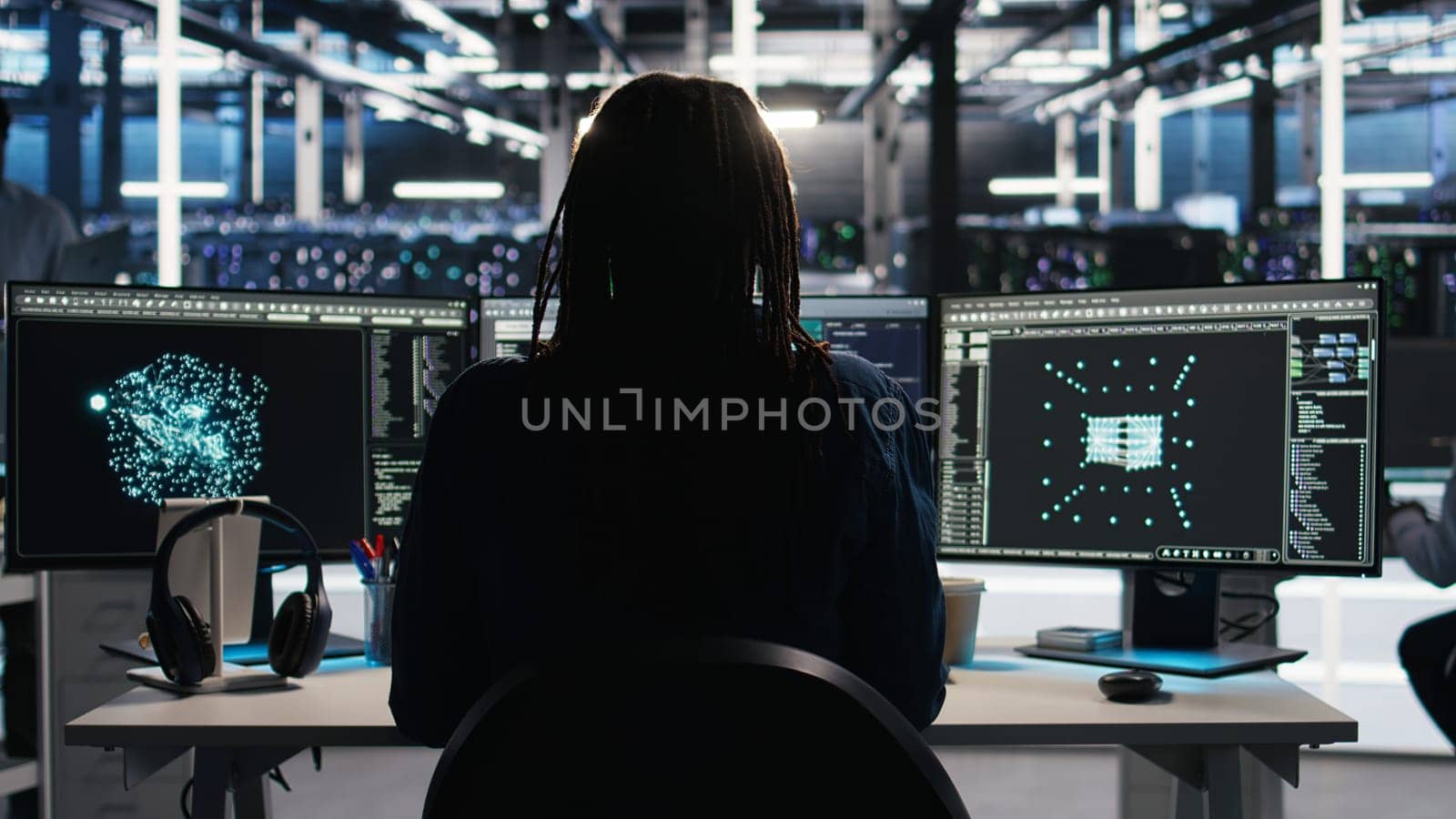 Data center computer scientist using node tree software to analyze datasets. Server farm IT worker using visual programming to improve infrastructure performance, camera A