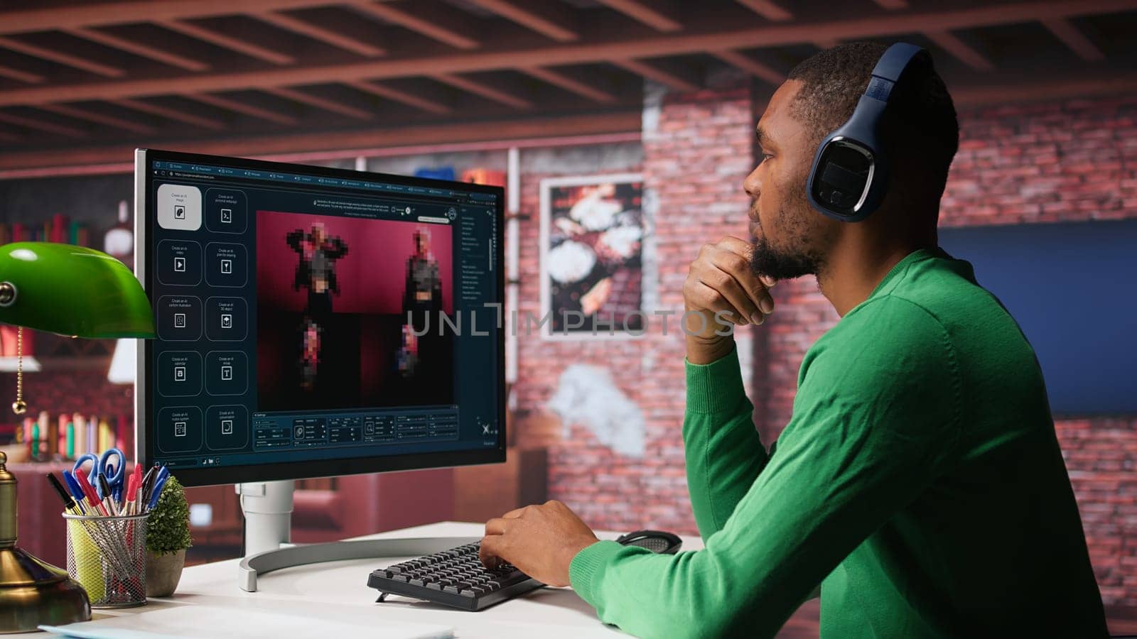 Black graphic designer working in loft with AI image generator software. Digital screen displaying visuals created through machine learning and cloud computing, generative AI. Camera B.