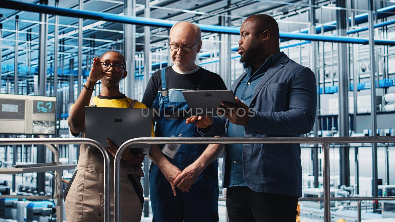 Engineers talking with manager overseeing smart factory, showing collected metrics. Technicians receiving feedback from supervisor in industry 4.0 industrial plant equipped with sensors, camera A