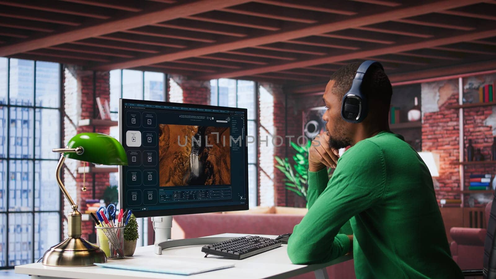 Videographer editor creates AI art materials using text to video software, writing a text prompt on chatbot interface to generate a video with artificial intelligence. Visual design. Camera B.