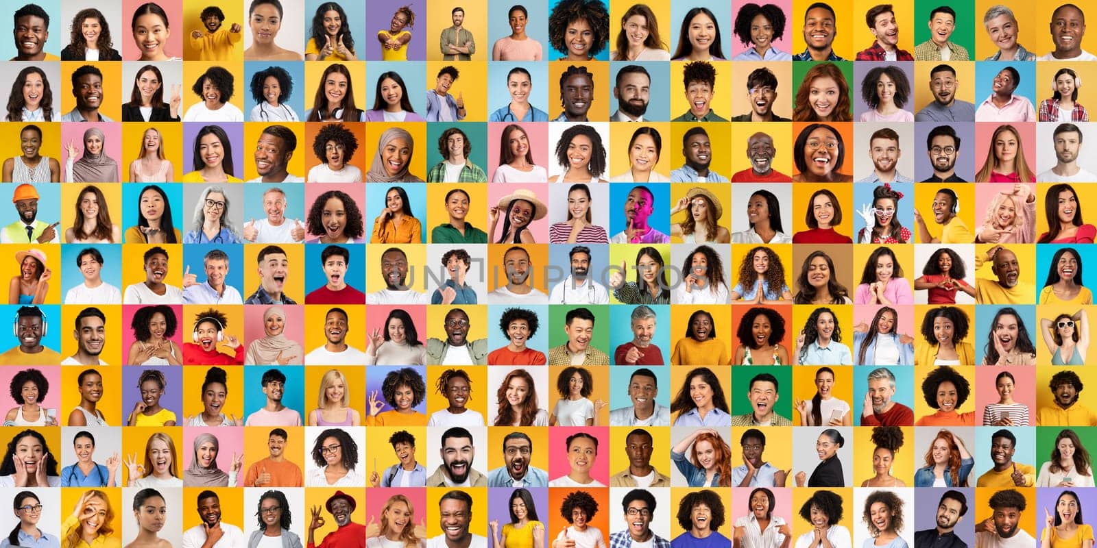This vibrant collage features a variety of individuals from different backgrounds. Each unique portrait highlights diverse expressions and lifestyles, reflecting a global community.