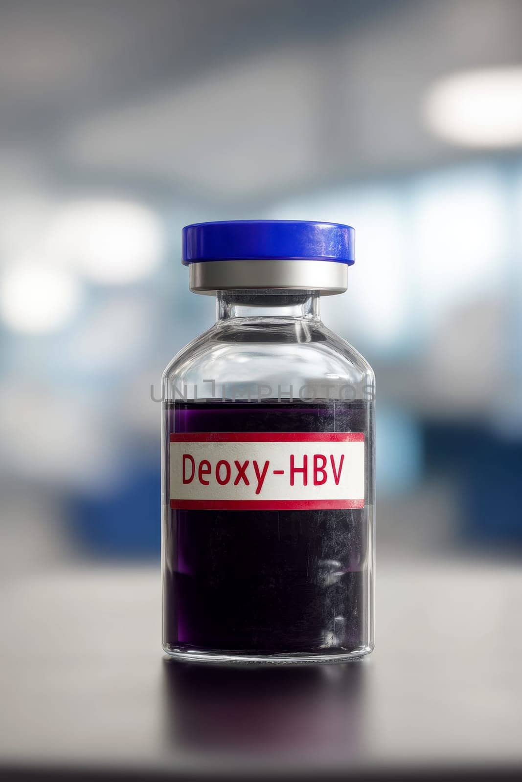 Close-up of bottle containing Deoxy-HbV developed artificial blood blood sample..