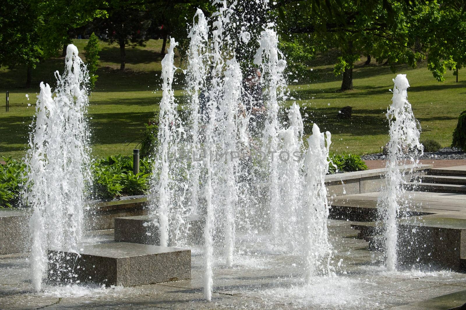Captivating water jets of a dynamic fountain surrounded by greenery in a serene park. A tranquil urban scene showcasing nature's beauty alongside modern features on a sunny day.