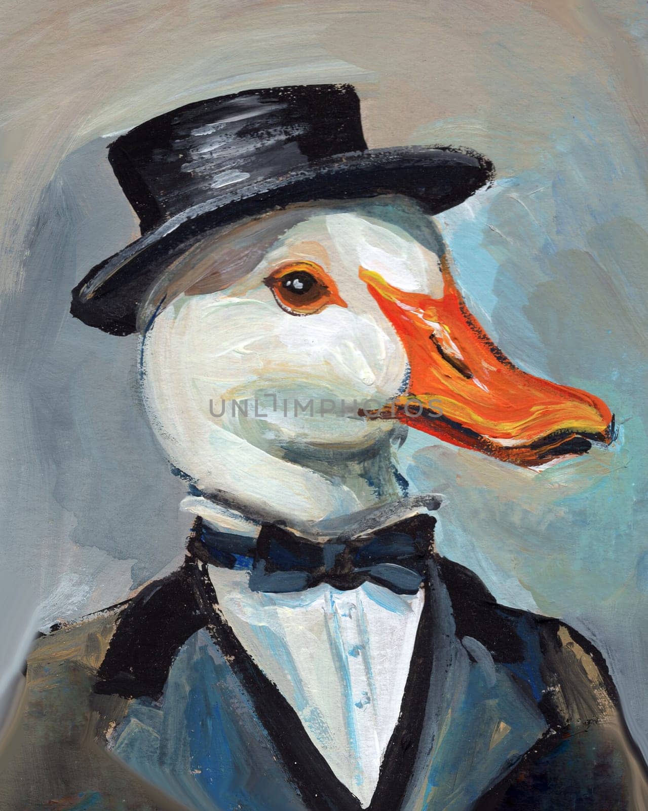 Illustration of a dapper goose in a black suit and hat, drawn in a rich, whimsical style. A playful yet elegant animal portrait with bold brushstrokes
