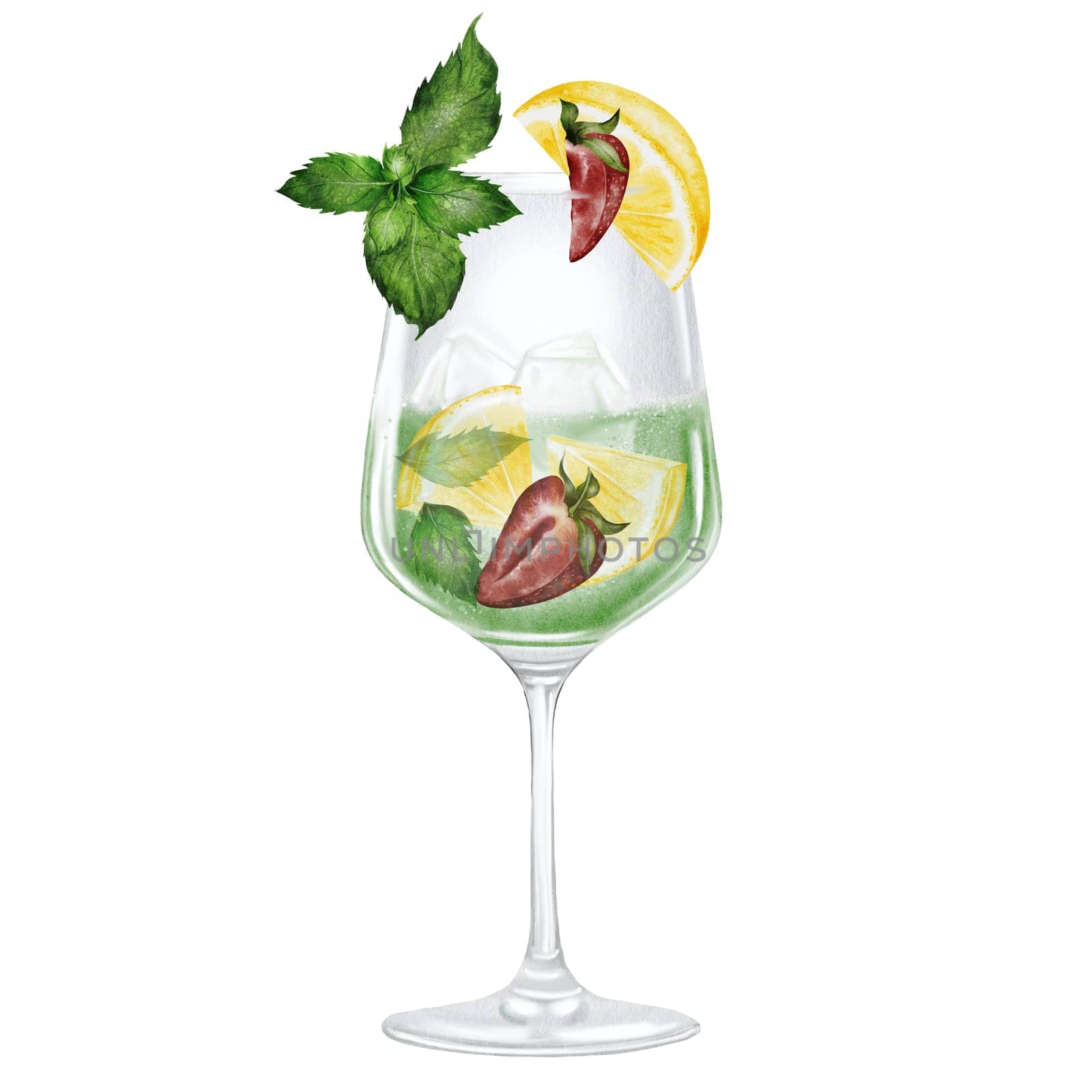 Mojito in a glass watercolor drawing. Hand drawn illustration of alcoholic drink with ice,lemon, strawberry and mint on white background. Clip art of drinks. Ideal for bar and restaurant menu on the beach. High quality illustration