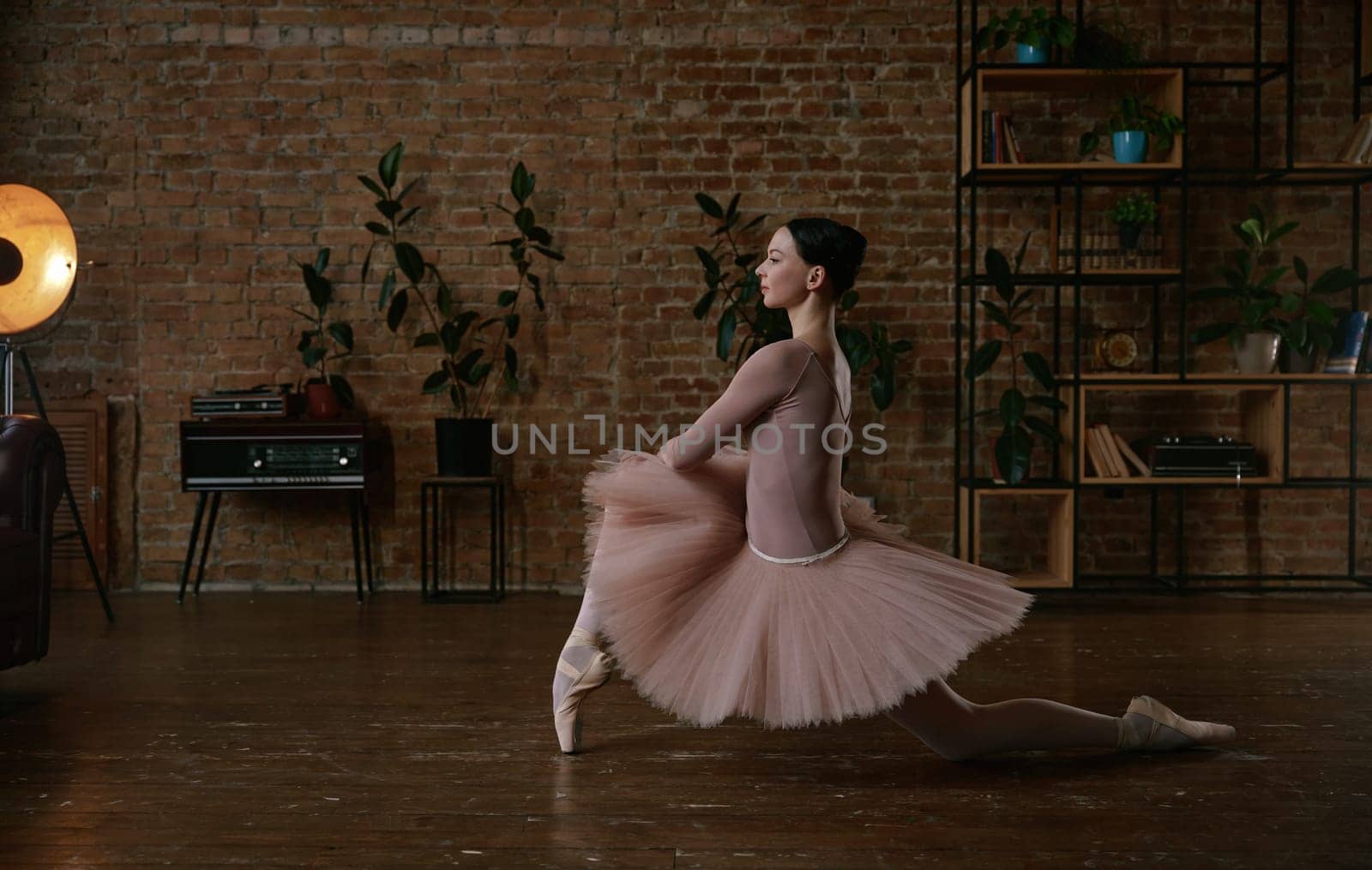 A breathtaking ballet dancer gracefully poses in a stylish, rustic studio filled with beautiful natural light