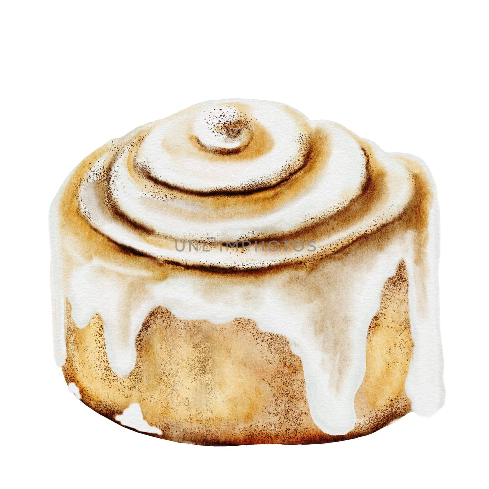 Cinnabon, cinnamon watercolor. Hand drawn cinnamon bun with cream cheese. Classic American sweet. Clip art isolated on white background. For coffee shop menu, pastry shop and sweet pastry recipes. High quality illustration