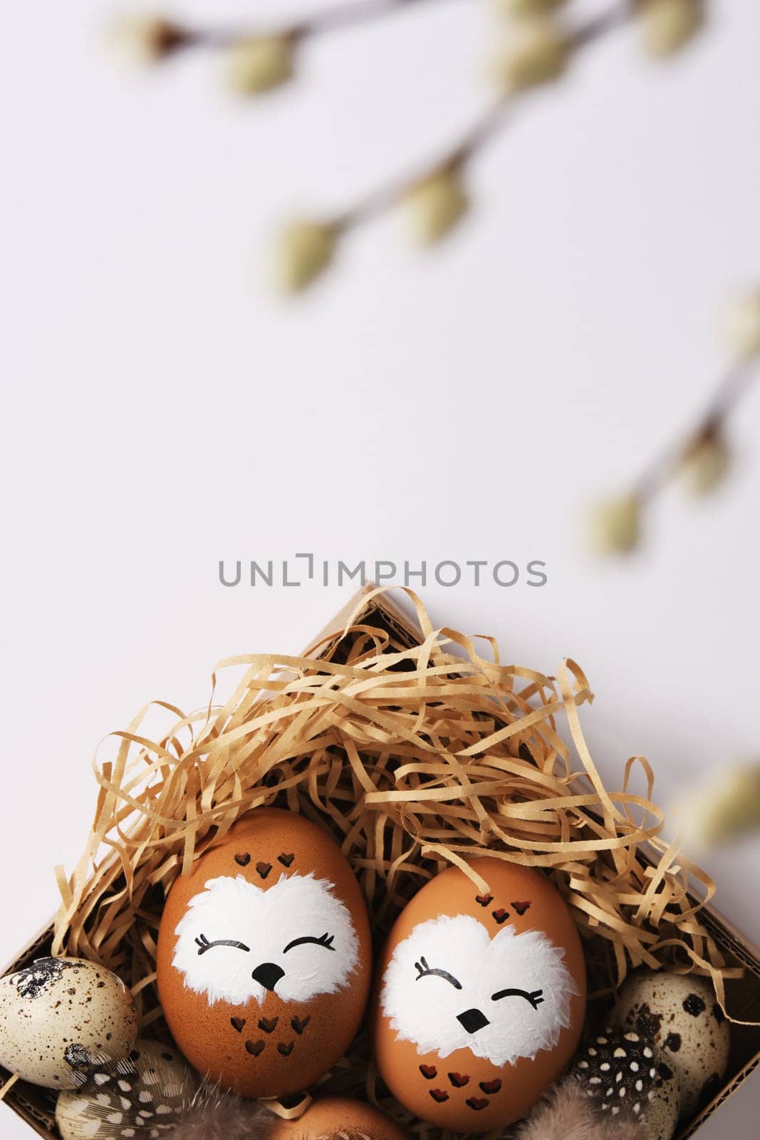 Hand painted owl egg in a nest with quail eggs. Space for your text.