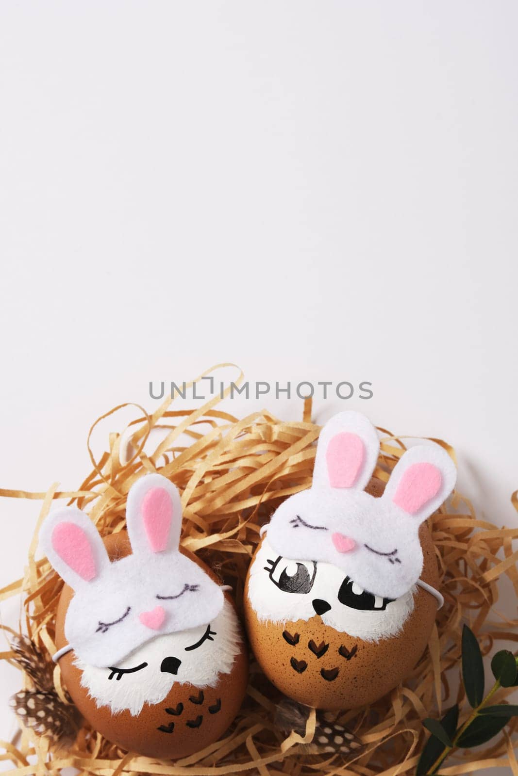 Hand painted eggs sleeping owls in sleep masks in a nest with quail eggs. Space for your text.