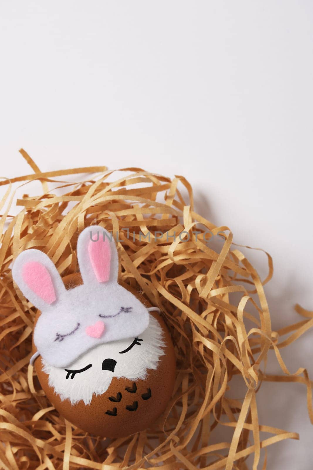 Hand painted eggs sleeping owls in sleep masks in a nest with quail eggs. Space for your text.