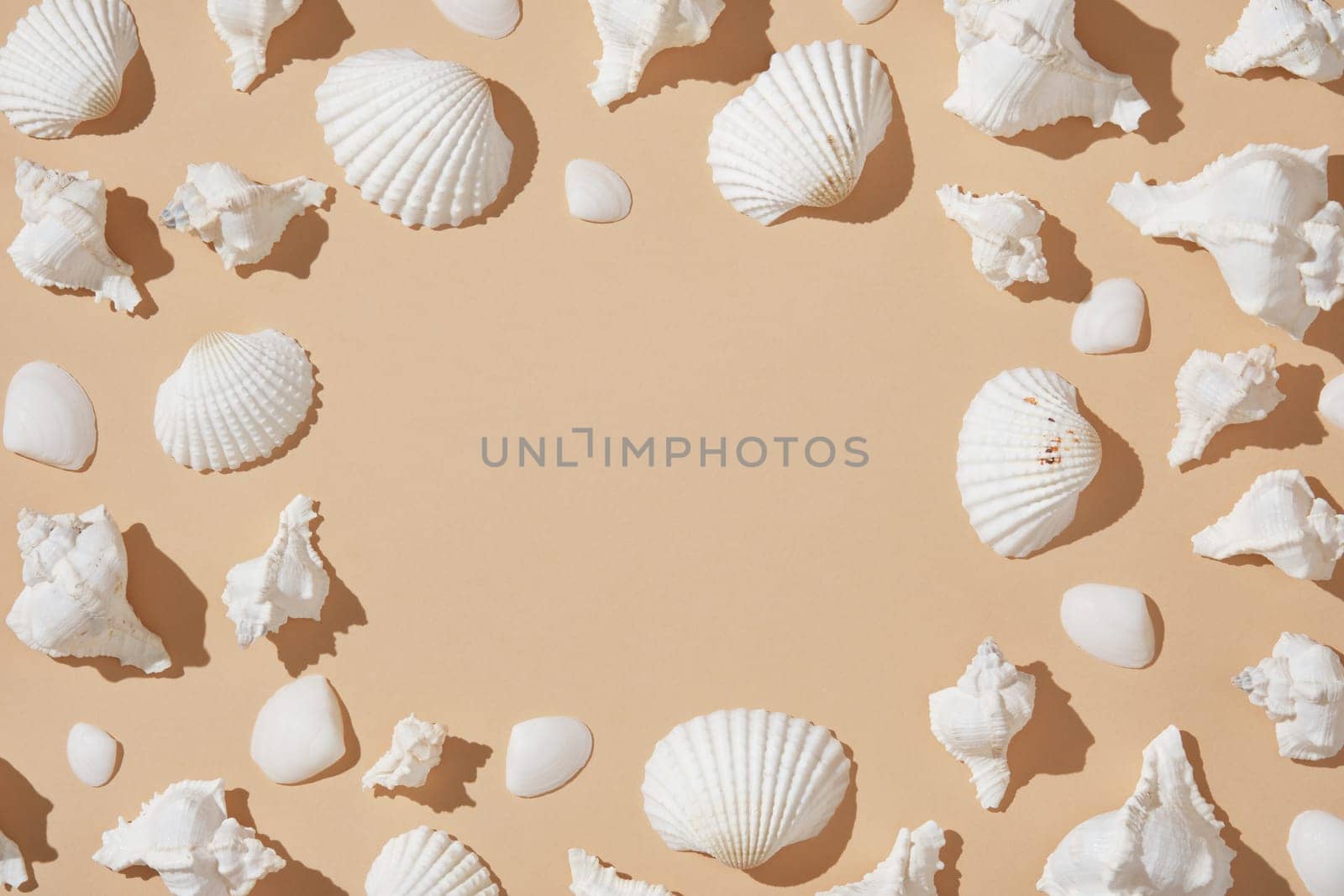 Round frame of white seashells on beige background with hard shadows. Space for your text. Summer vacation idea