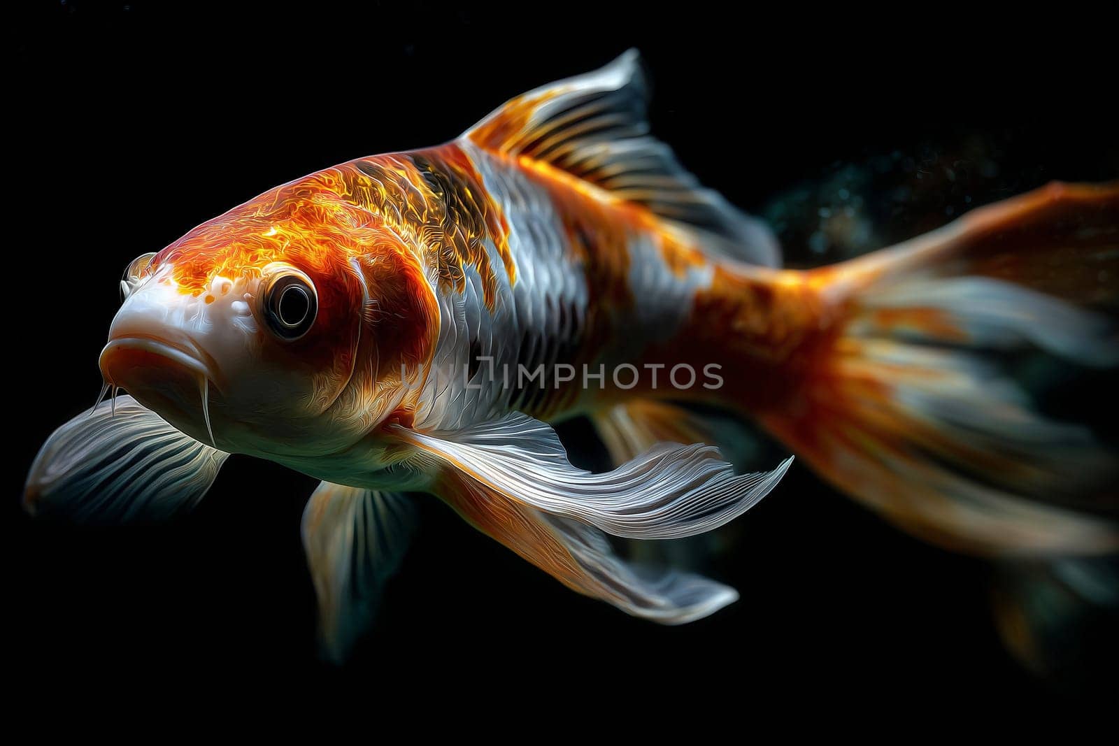 Close up of a orange color koi with copper hues floats calmly.