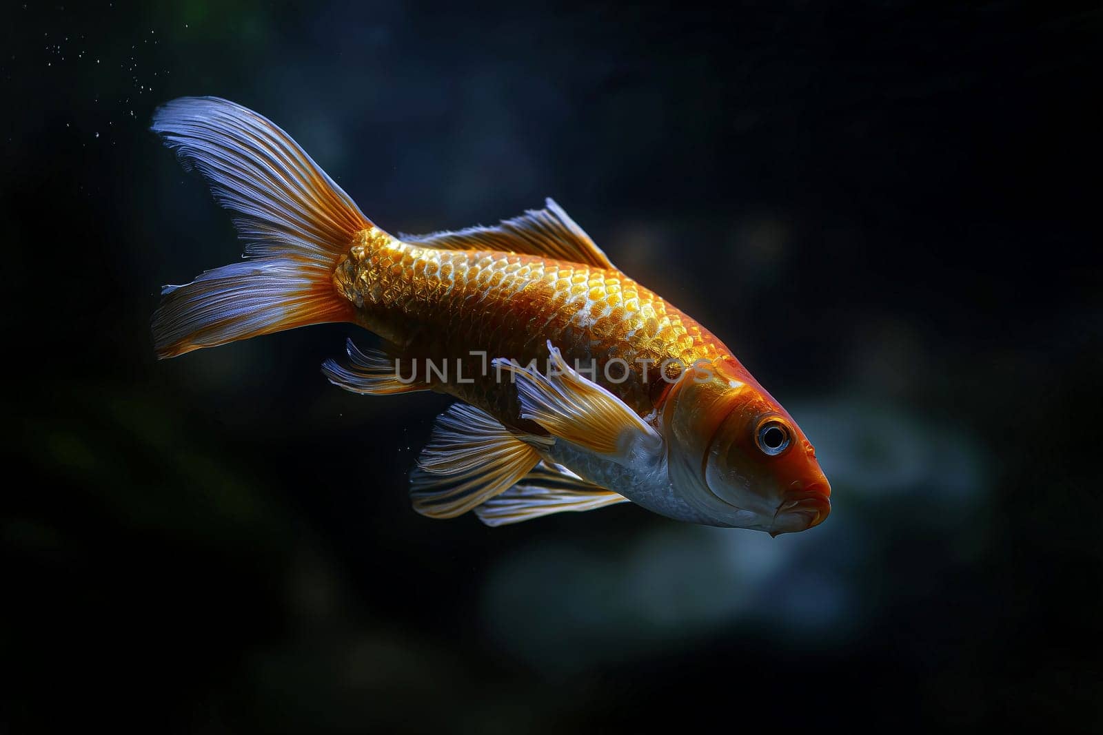 Orange color koi with copper hues floats calmly, exuding quiet strength in a blue black pond.
