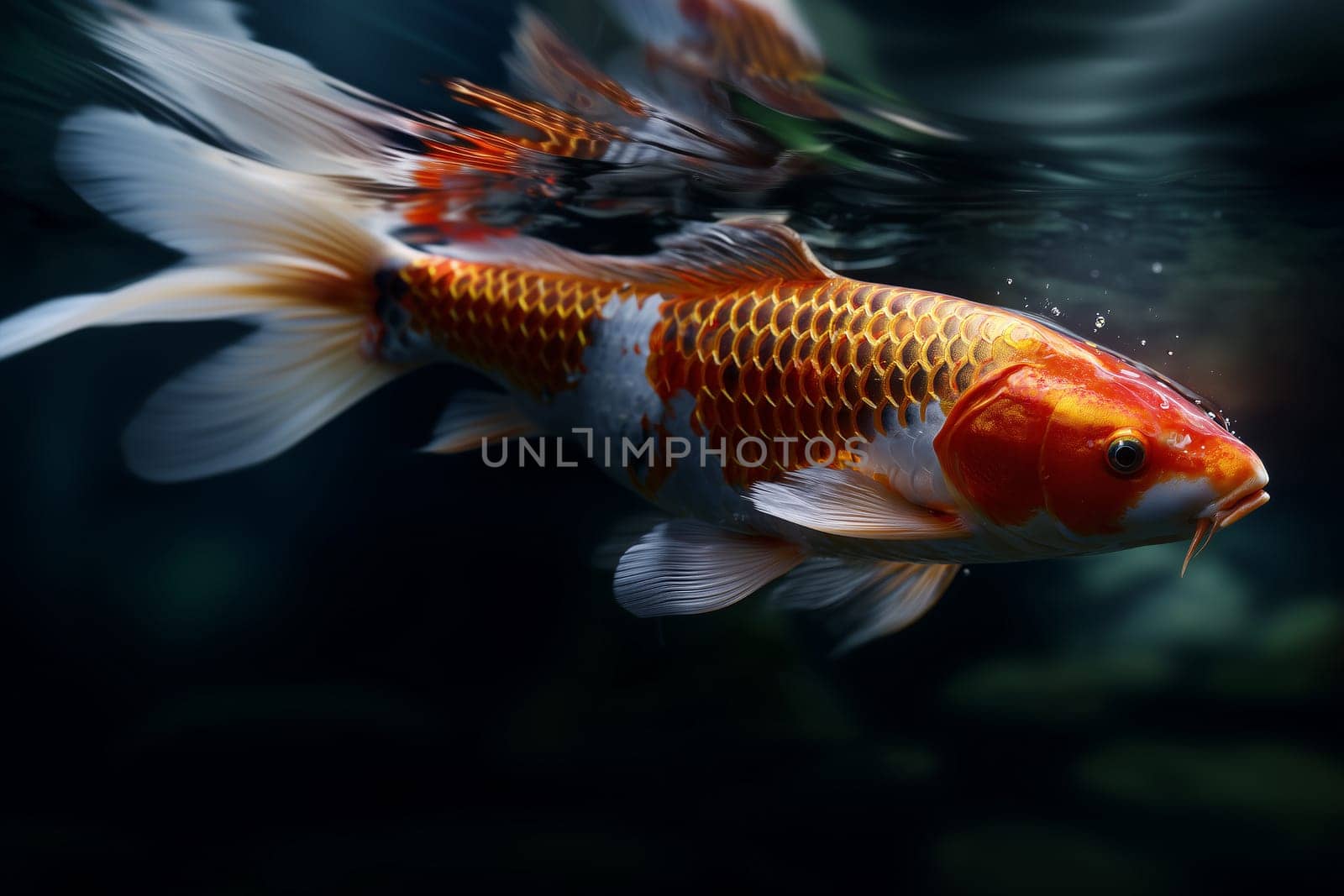 A koi with copper hues floats calmly, exuding quiet strength in a blue black pond.