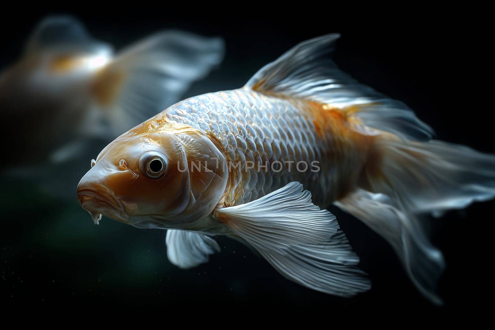 Close up of white orange koi fish in clear water. Fish and water concept.