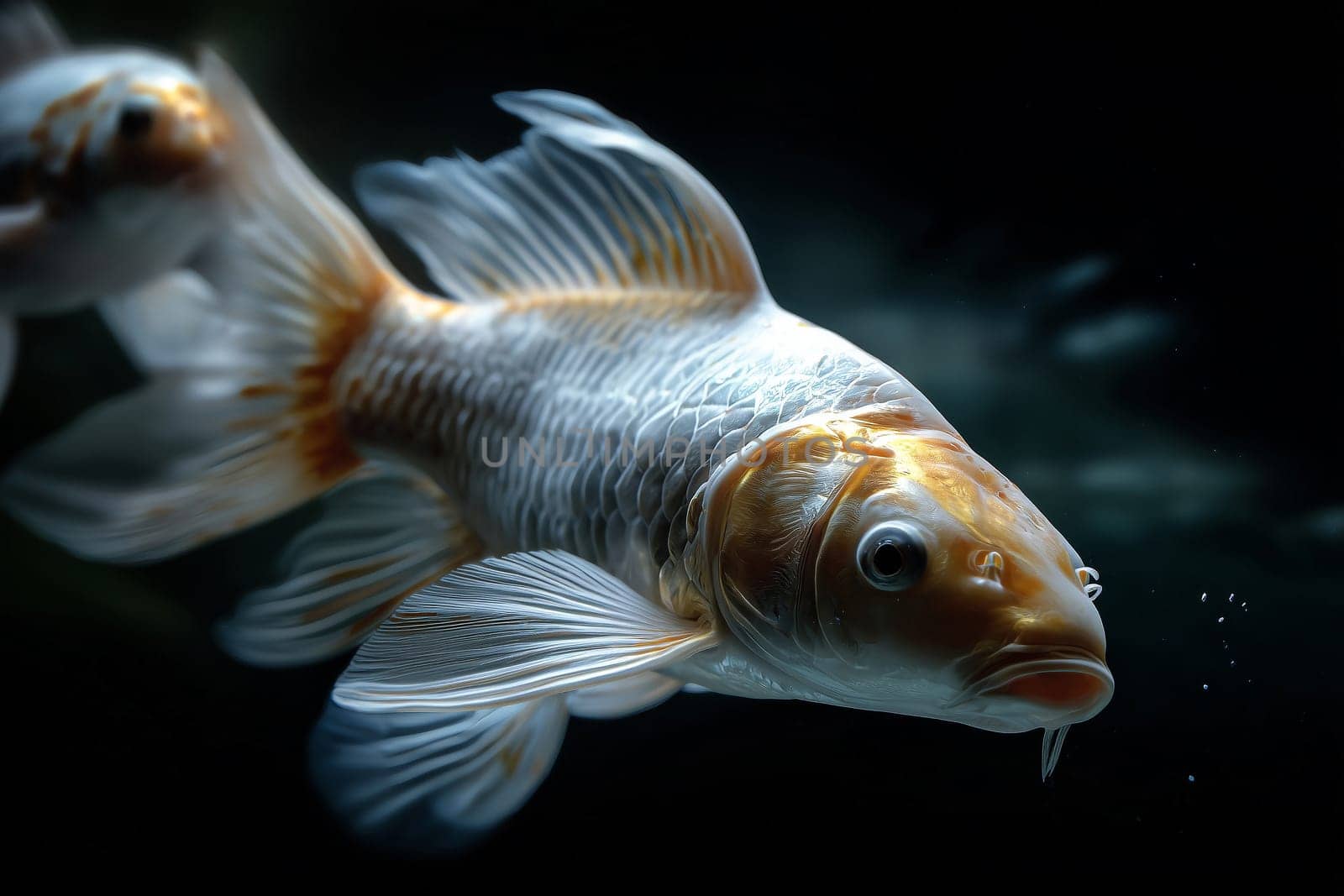 Close up view of white orange dragon koi fish in clear water. Fish and water concept.