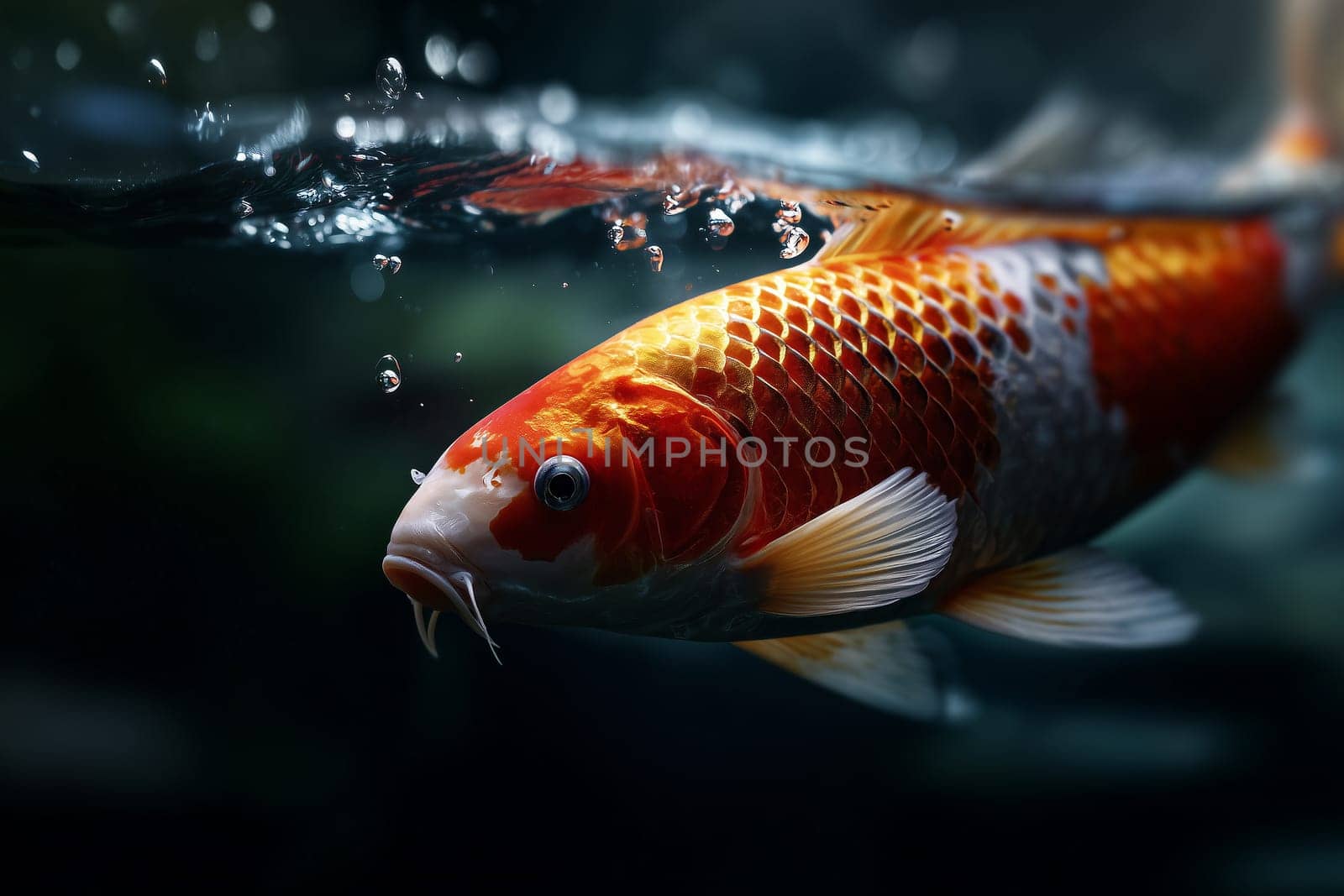 Bright red koi bursts forward, its energy captured mid-swim against a soft current.