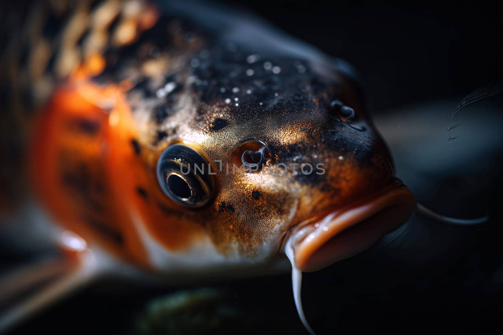 Close up of a orange color koi with copper hues floats calmly, exuding quiet strength in a blue black pond.