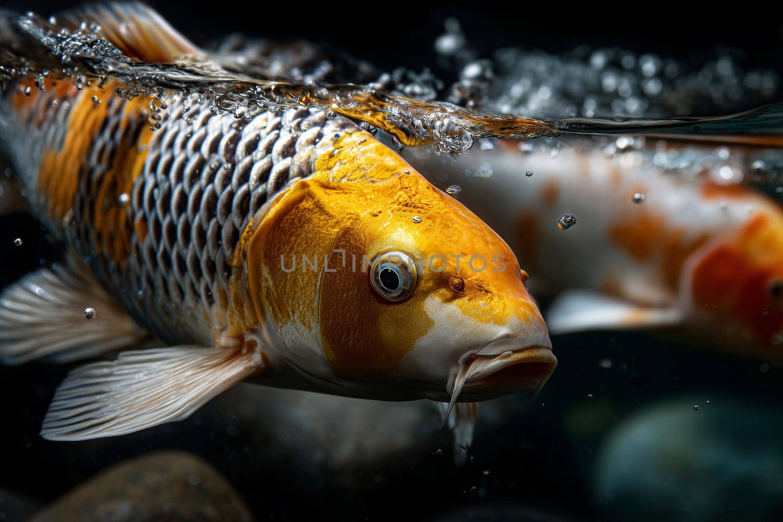 The koi metallic yellow orange tones ignite the scene with warmth.