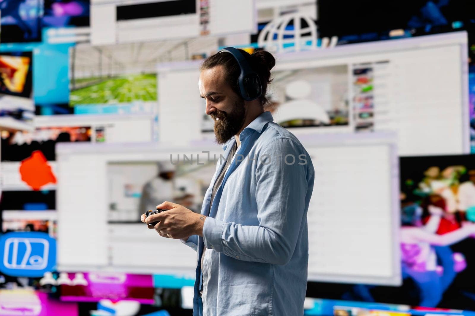 Young influencer enjoying online web connection between followers, highlighting real time engagement, online presence and imagination as essential elements of influence and communication.