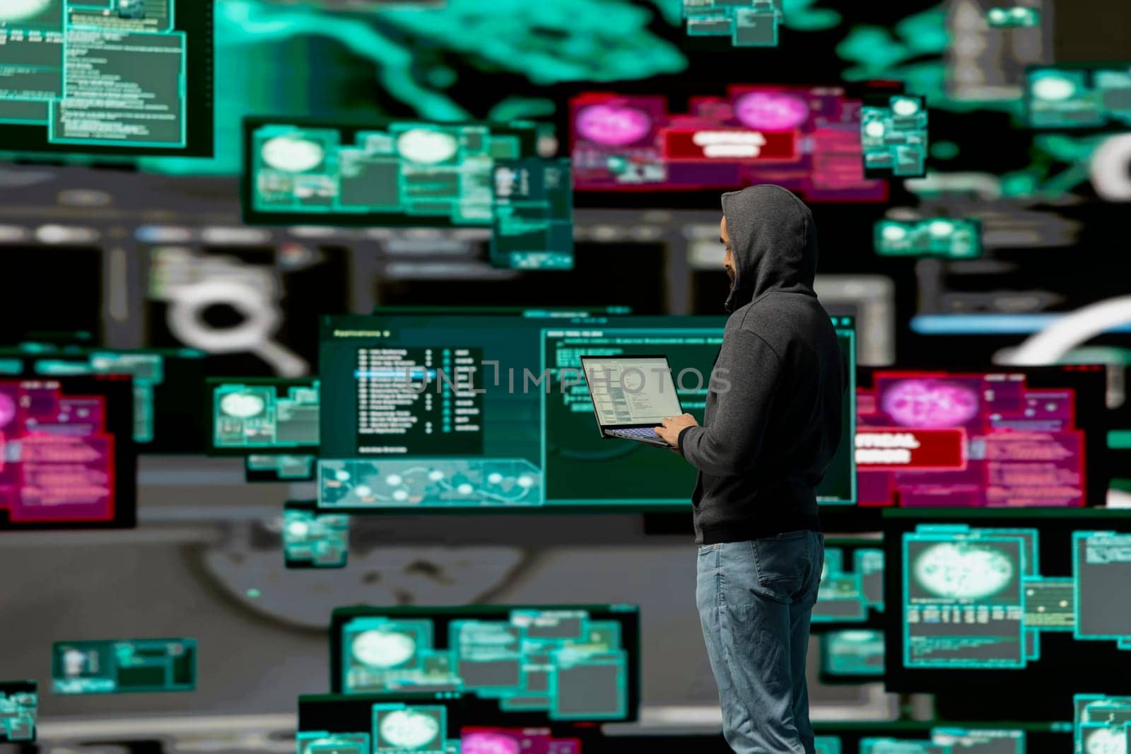 In a dark web environment, hacker programming malicious code designed to exploit IT security flaws, breach firewalls and expose private data through virtual threat operations. Stealth mode.