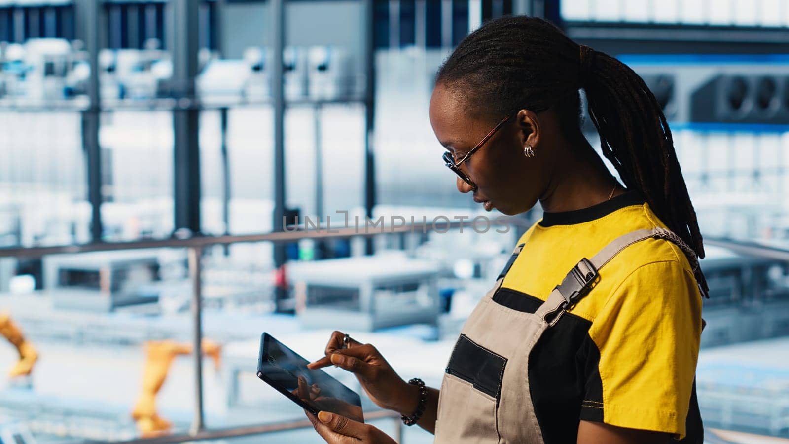 Smart factory engineer implements automated workflows using artificial intelligence tech, computerizing manual operations. Woman integrates sensors into production using AI technology, camera A