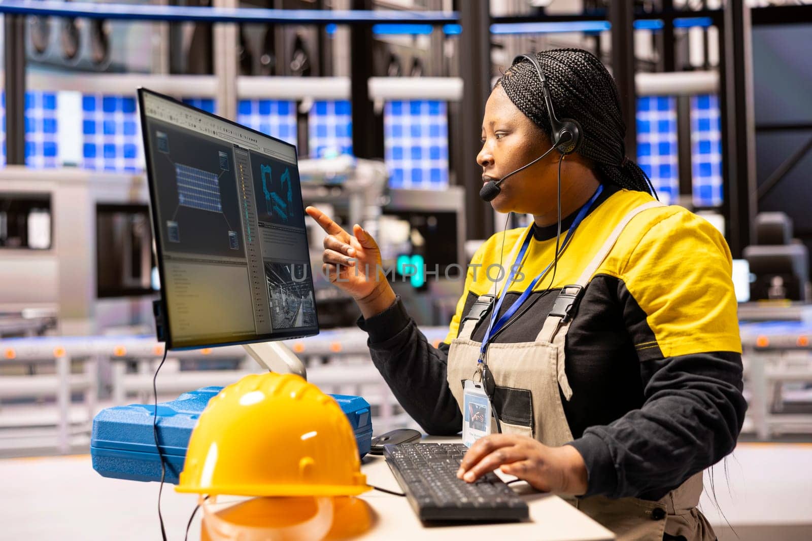 Female engineer supervises production line, using automation system to enhance conveyor belt speed and manufacturing efficiency in smart factory. Industry 4.0 expert manages optimization of robot arm.