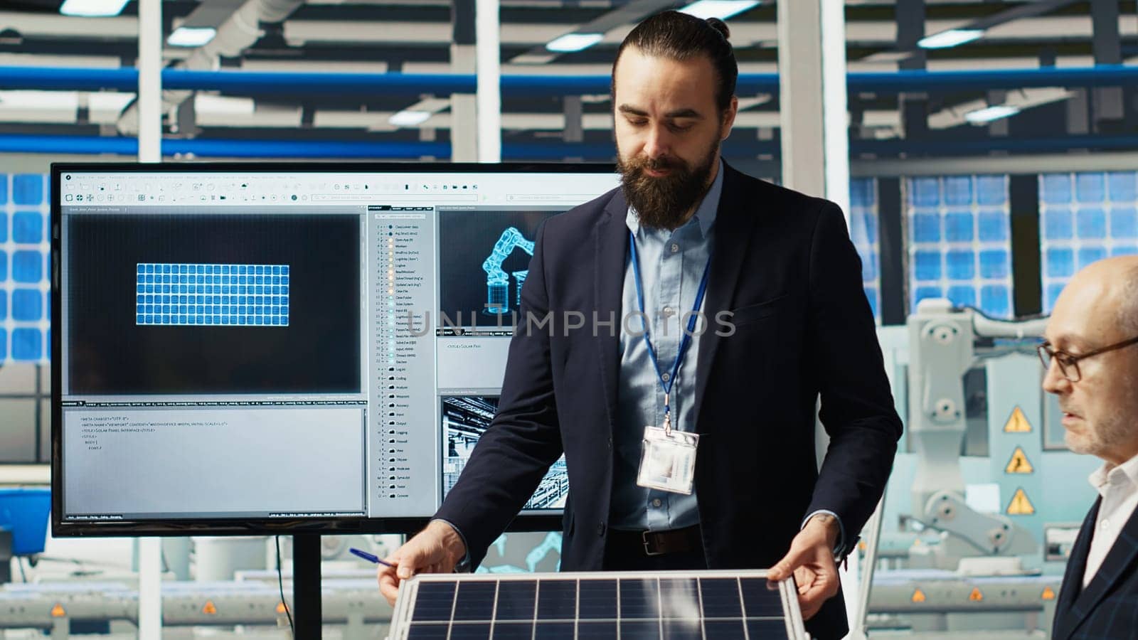 Scientists in photovoltaics factory experimenting with advanced PV materials to improve solar panel durability and efficiency for long term sustainable energy solutions, camera B