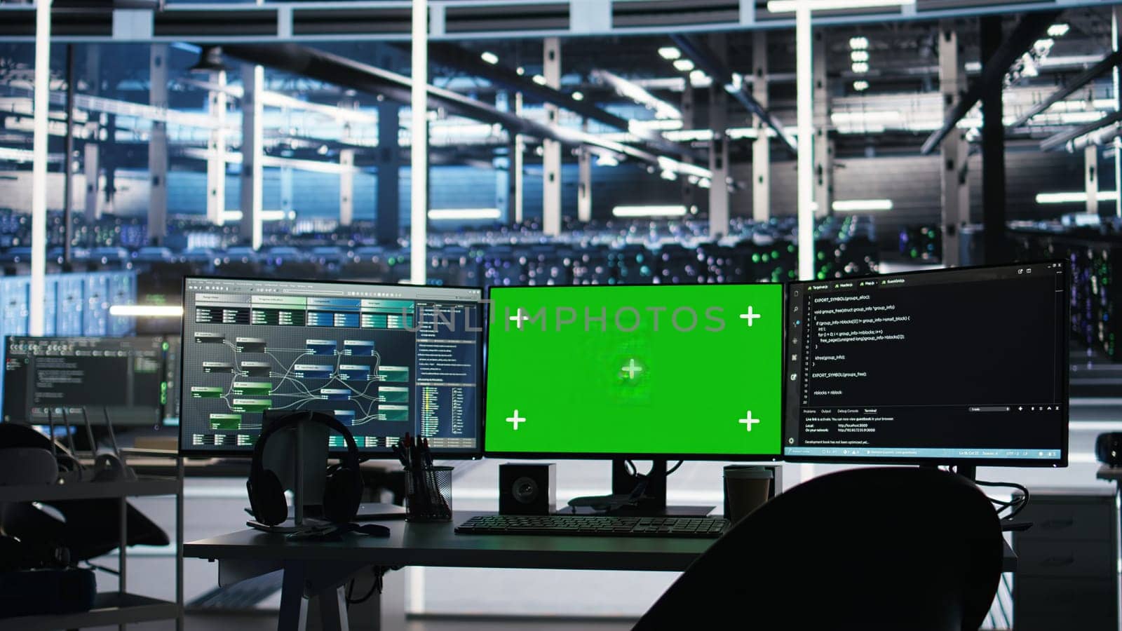 Chroma key computer displays in data center workplace used for managing supercomputers hardware energy consumption. Green screen PC used for automation in server hub workplace