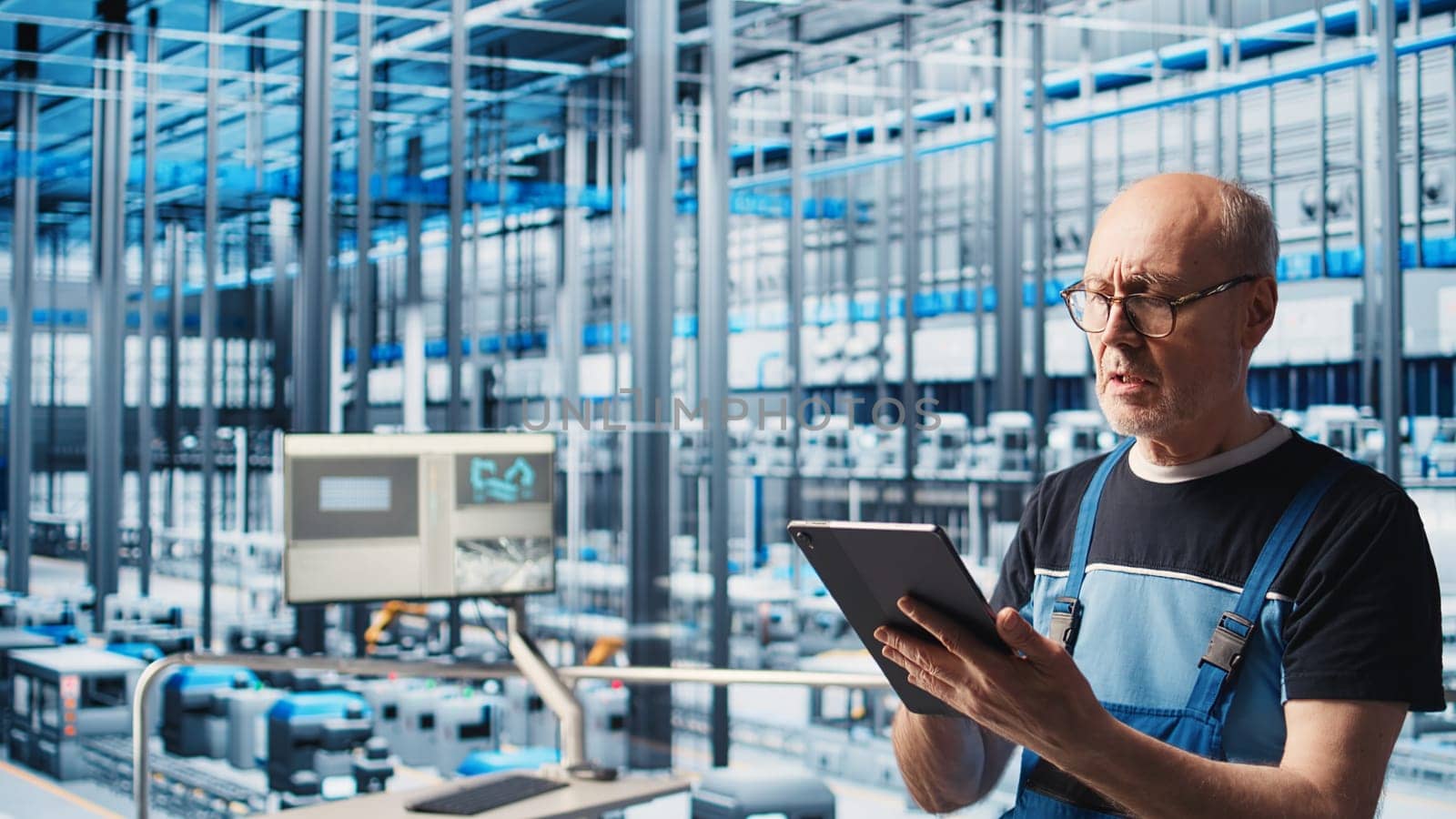 Elderly senior engineer in smart solar panels manufacturing factory uses software on tablet to maximize power generation. Experienced professional overseeing industry 4.0 photovoltaics plant, camera A