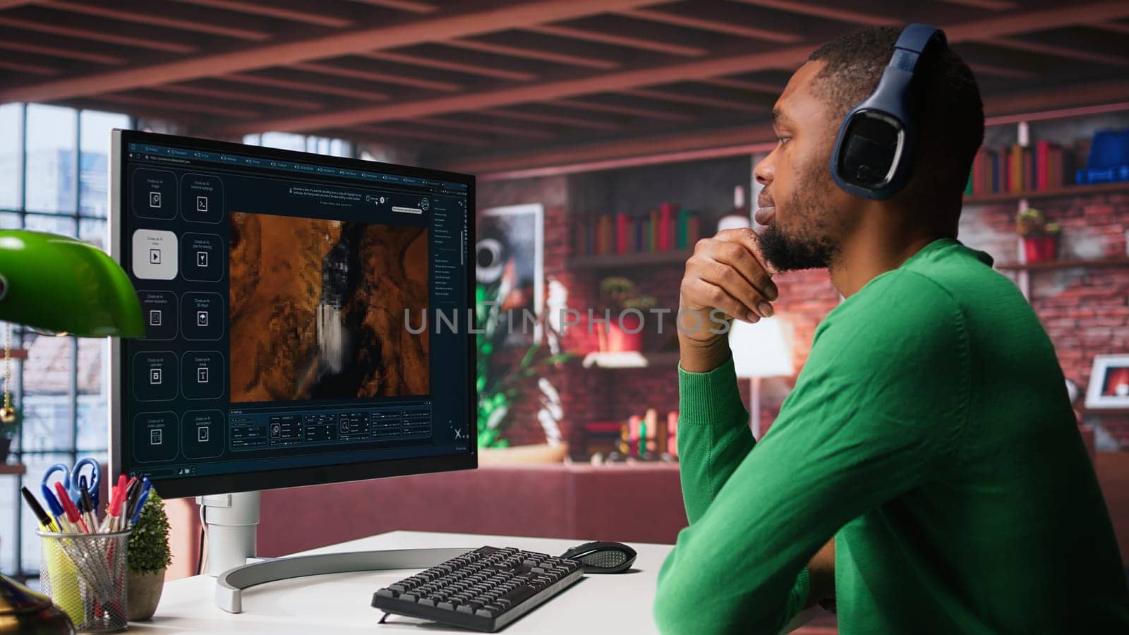 Digital editor uses AI powered text to video generator to create content, listening to music on headset. Internet connectivity and artificial intelligence tools on high tech software. Camera B.