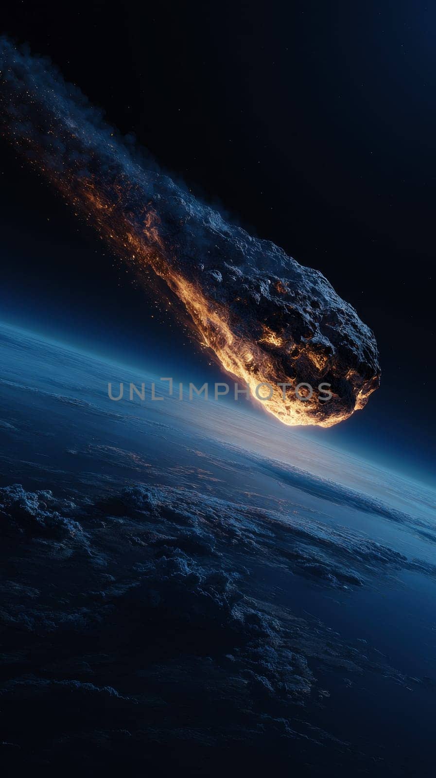 fiery asteroid streaking through deep space. globe planet on background..