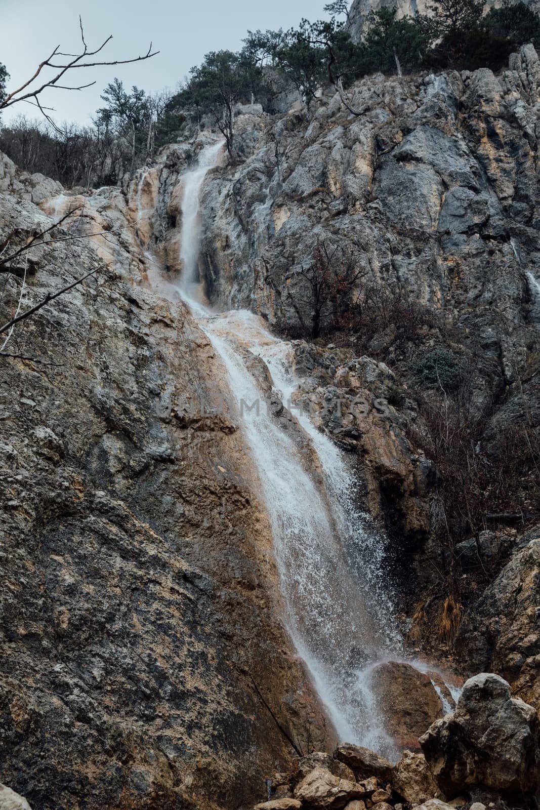 Beautiful landscape of mountain waterfall water in spring