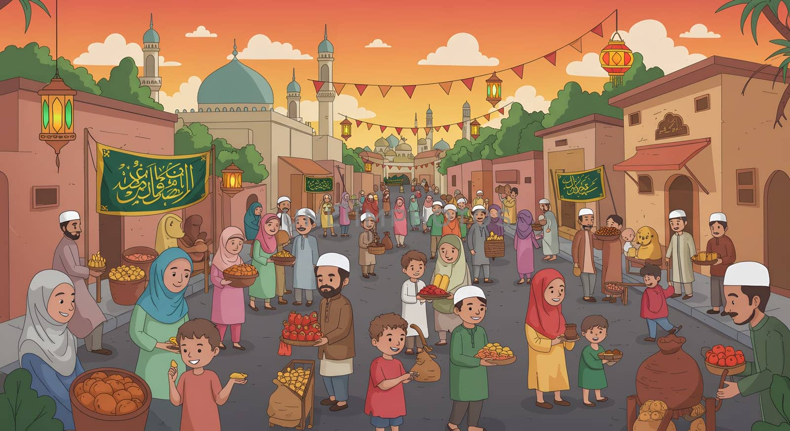 A bustling street market near a mosque during a festive occasion, filled with people buying goods, lanterns, and local cuisine. A joyous atmosphere showcasing cultural traditions and community spirit.