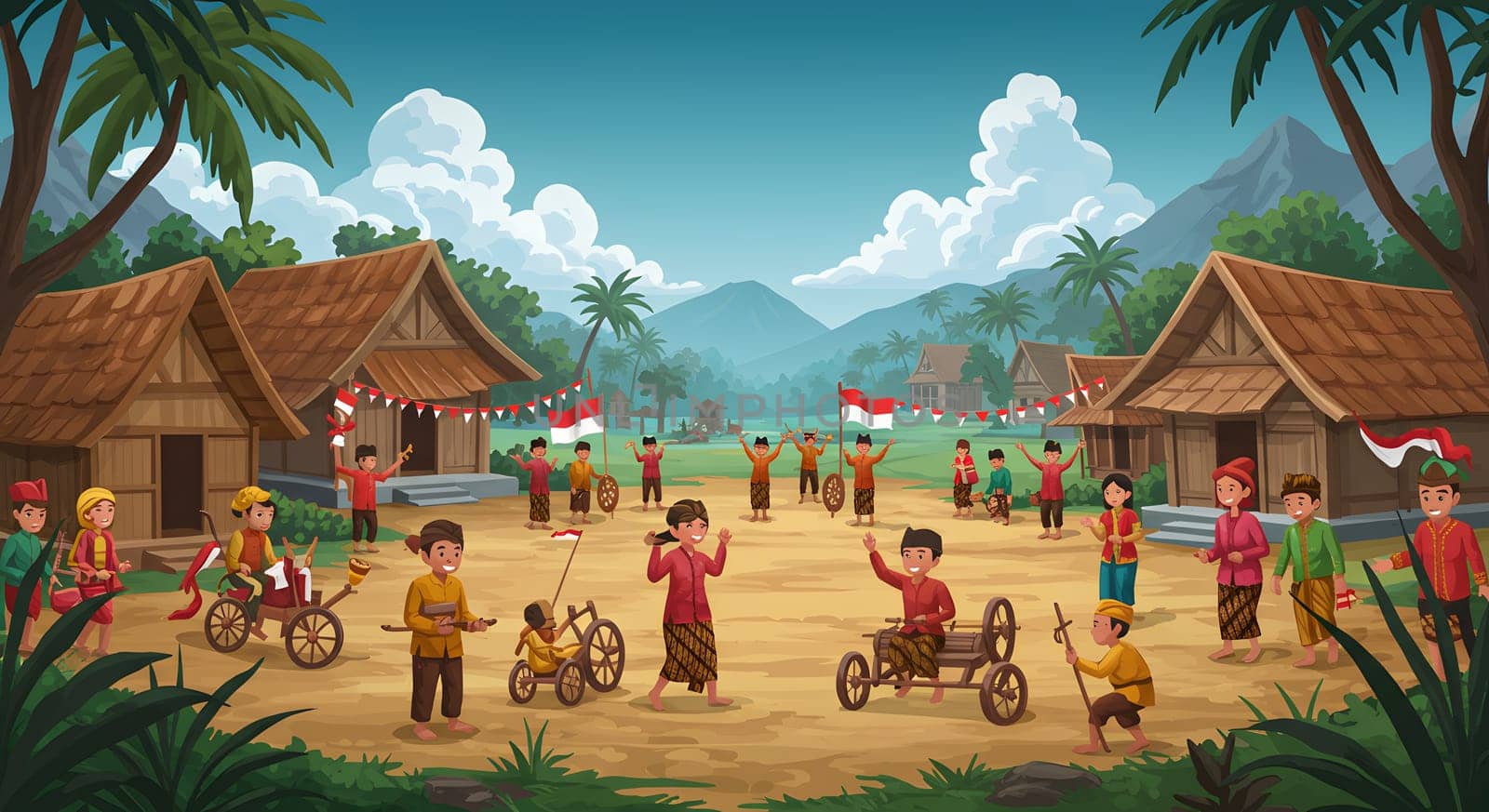 Traditional village scene featuring a festive local celebration with people holding flags and wearing cultural attire, showcasing community spirit, unity, and the surrounding scenic natural beauty.
