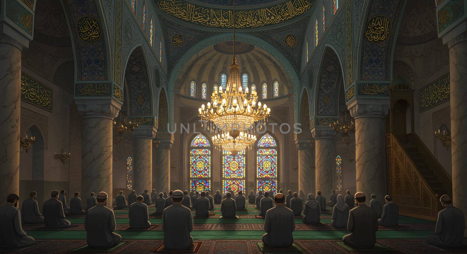 A serene mosque scene showing worshippers in prayer, surrounded by ornate architecture and light streaming through stained-glass windows, creating a spiritual and reflective atmosphere.