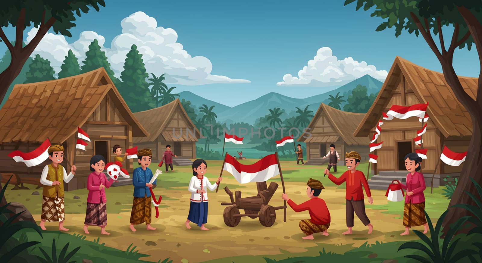 Traditional village scene featuring a festive local celebration with people holding flags and wearing cultural attire, showcasing community spirit, unity, and the surrounding scenic natural beauty.
