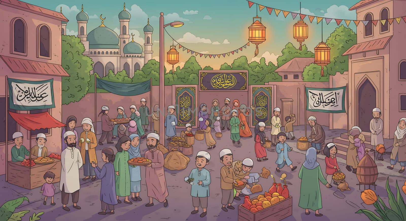 A bustling street market near a mosque during a festive occasion, filled with people buying goods, lanterns, and local cuisine. A joyous atmosphere showcasing cultural traditions and community spirit.
